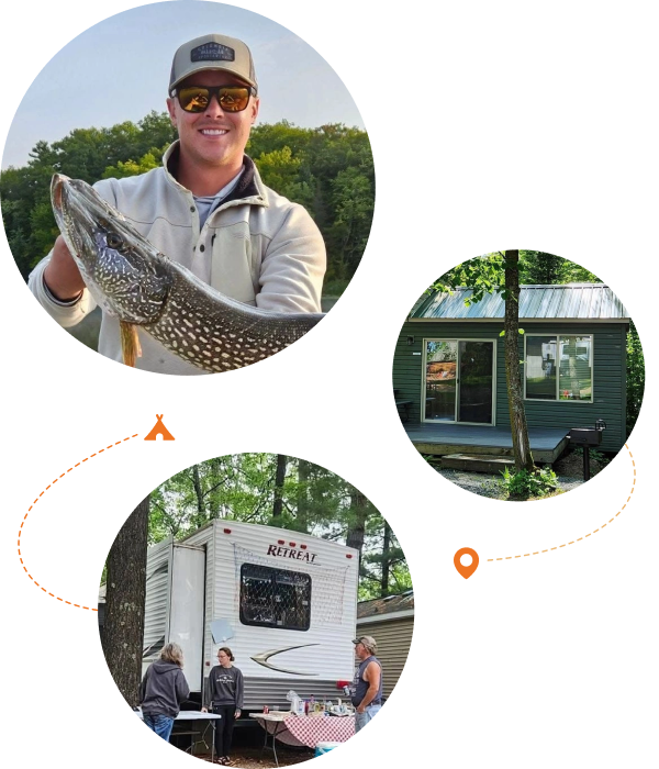 Man holding a large fish, camping with an RV in a wooded area.