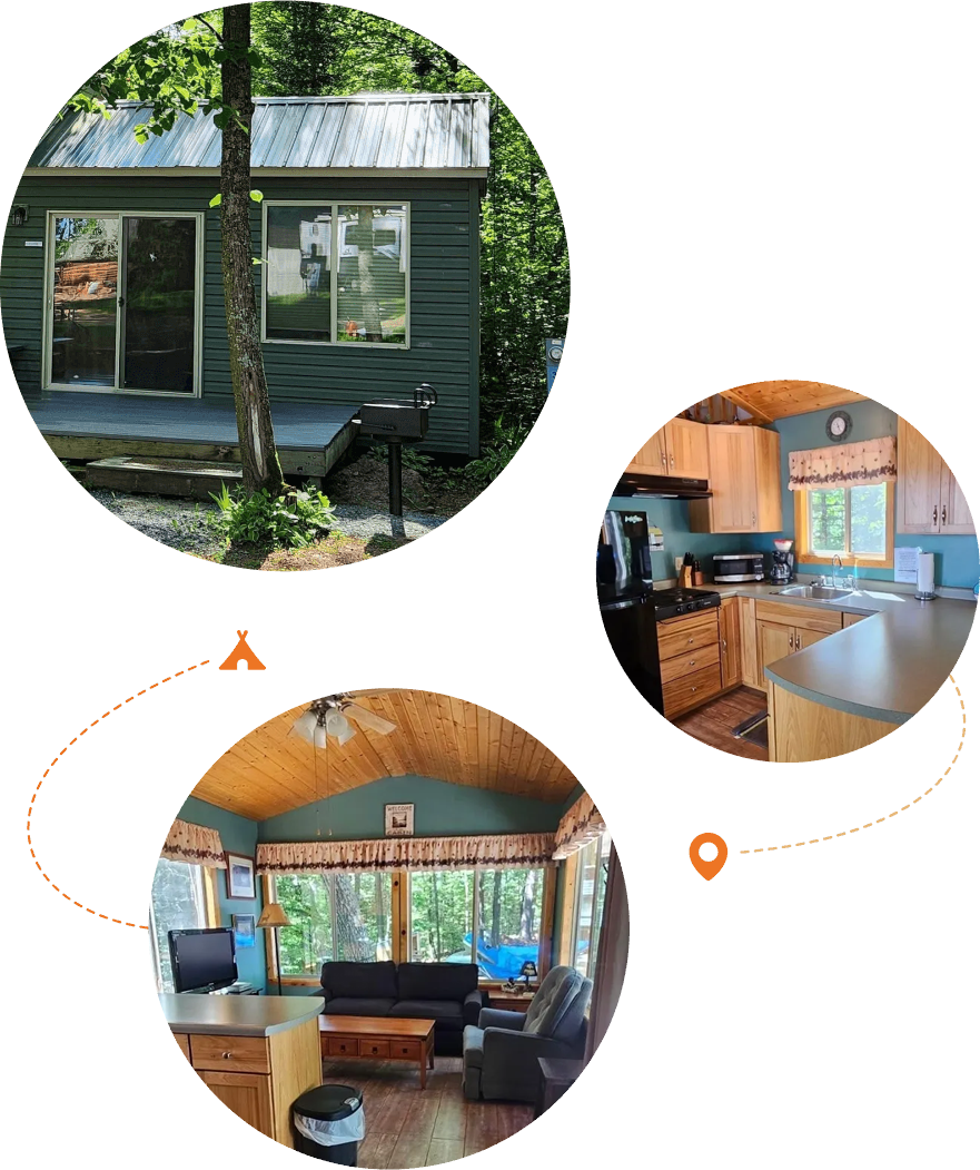 Cozy small cabin surrounded by nature with a warm, inviting interior.